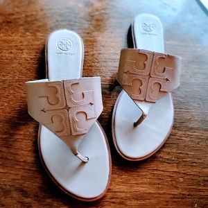 Tory Burch Jamie Full Logo Neutral Leather Slides US 9